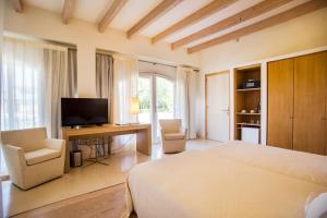 塞萨利内斯坎波尼科酒店的一间卧室配有一张床、一张书桌和一台电视