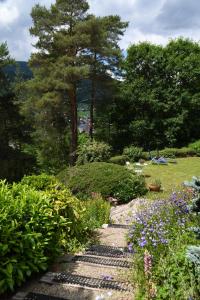 拉普特鲁瓦红橡酒店的一座带石头小径和鲜花的花园