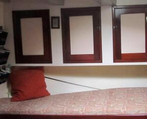 梅登布利克Zeilschip Fortuna的一间卧室设有三扇窗户和红色枕头