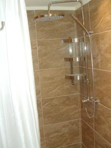 蒂豪尼Kiserdei Apartman的带淋浴和浴帘的浴室
