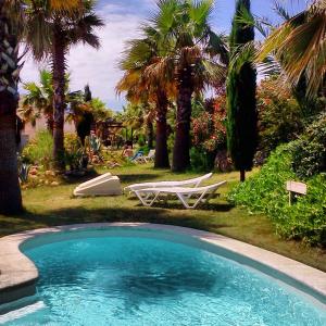 莱斯卡拉里衣卡拉度假酒店的一个带两把草坪椅和棕榈树的游泳池