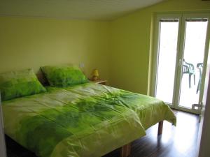 斯丹尼Apartma Furlan的一间卧室配有一张带绿色棉被的床