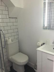 布莱克浦悦归旅馆的白色的浴室设有卫生间和水槽。