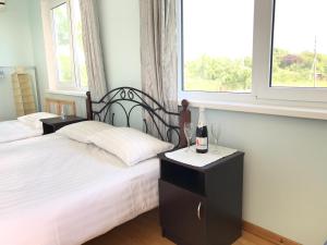 古达乌塔Vse Dlya Vas Guest House的一间卧室配有两张床和两杯葡萄酒