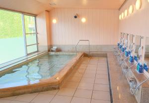 那智胜浦町胜浦日出日式旅馆的一个带卫生间的浴室内的大型游泳池