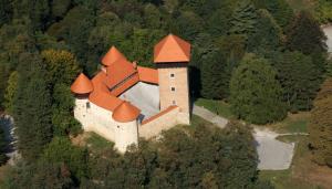 卡尔洛瓦茨Albert Home的享有城堡的空中景致,设有橙色屋顶