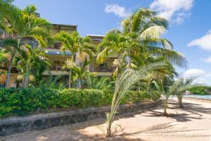 格兰贝伊佩拉马尔公寓式酒店的棕榈树海滩上的一座建筑