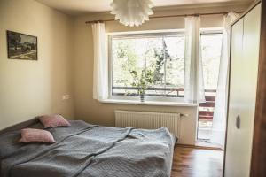 拉脱维亚Krauklis beach apartments的卧室在窗户前配有一张床