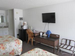 道森市Bonanza Gold Motel的酒店客房配有一张床和一张书桌及一台电视