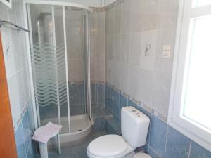 斯科派洛斯Adonis Rooms的带淋浴、卫生间和盥洗盆的浴室
