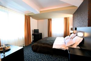 布加勒斯特安比恩斯酒店的配有一张床和一张书桌的酒店客房