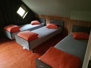 VecbebriBebru pirts的一间卧室配有两张带橙色枕头的床和窗户。