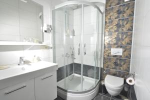 塞尔丘克Artemis Selcuk Suites的带淋浴、卫生间和盥洗盆的浴室