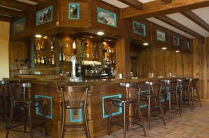 纳瓦雷东达德格雷多斯Hotel Garabatos的木墙间内带凳子的酒吧