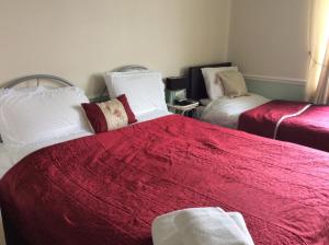 普里茅斯Alma Lodge Guest House的一间卧室配有两张带红白毯子的床