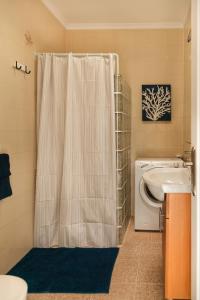 卡门港Apartamento Filla的带淋浴帘和洗衣机的浴室