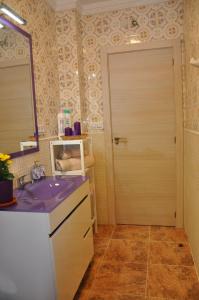 阿利坎特Alenia Apartments的一间带水槽、镜子和门的浴室
