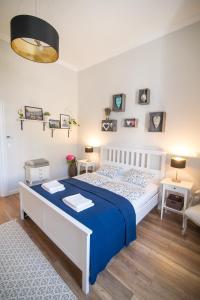 埃格尔Bródy Apartman的一间卧室配有蓝色和白色的床和两张桌子