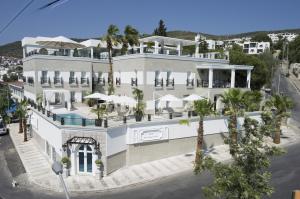 博德鲁姆艾纳精品酒店的享有棕榈树大型白色建筑的空中景致