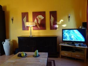 塔廷格Haus-Marla的客厅配有电视和带台灯的桌子