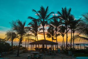 图托亚Pousada Jagatá的棕榈树和桌子的海滩,日落
