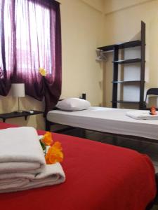 普拉亚卡门Alme Hostel的一间客房配有两张床和一张红色的床及毛巾