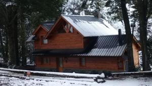 拉安戈斯图拉镇梅勒维酒店的地面上积雪的树林中的小木屋