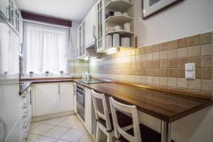 布达佩斯可爱考文公寓的厨房配有木制台面和窗户