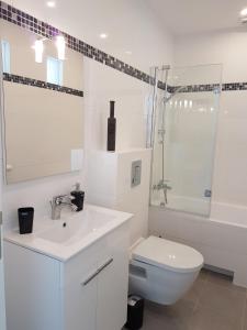 欧本Aparthouse Haas41的白色的浴室设有卫生间和水槽。