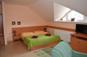 利普托斯基米库拉斯Apartmany Svaty Kriz的一间卧室配有绿色的床和电视