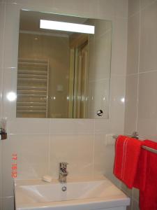 乔尔塞西莉亚 - 凯萨琳娜住宿加早餐旅馆的浴室设有水槽、镜子和红色毛巾