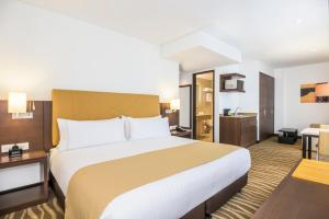 波哥大Holiday Inn Express & Suites Bogota Zona Financiera, an IHG Hotel的酒店客房设有一张大床和一间浴室。