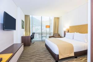 波哥大Holiday Inn Express & Suites Bogota Zona Financiera, an IHG Hotel的配有一张床和一张书桌的酒店客房