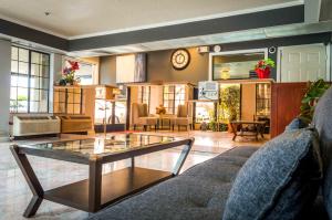 萨克拉门托萨克拉门托行政套房酒店的客厅配有玻璃咖啡桌