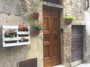 皮蒂利亚诺Da Titta的石头建筑中一扇门,上面有盆栽植物