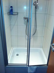 霍恩贝格施特森酒店的浴室里设有玻璃门淋浴