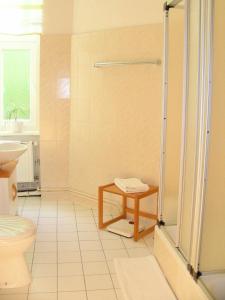 柏林布里恩酒店的带淋浴、卫生间和桌子的浴室