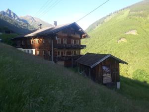 施图默尔贝格Steinwandhütte的一座位于山丘上的大型木屋,山坡上有草地