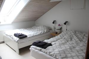 EdslevSkovlide Beautiful Farmhouse的一间卧室配有两张带毛巾的床