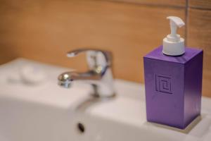 雅罗斯瓦维茨4 strony świata的浴室水槽上的紫色牙刷架