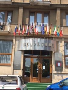 普日布拉姆Hotel Belvedere Příbram的前面有一大堆旗帜的建筑