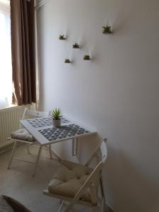 圣安德烈瓦伦丁旅馆的桌子和椅子,墙上挂着植物