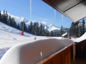 马尼戈La Vieille Ferme的滑雪坡上一个栏杆上的滑雪板