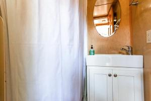 奥斯汀Tiny House的浴室设有白色的淋浴帘和水槽
