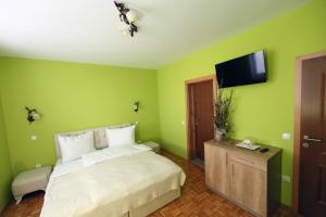 普图伊Sobe Grabar的绿色卧室配有床和平面电视