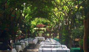 威尼斯安提卡罗坎达蒙提酒店的一排带白色桌布和树木的桌子