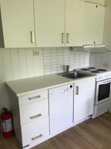 MeråkerHybeltunet的厨房配有白色橱柜、水槽和炉灶。