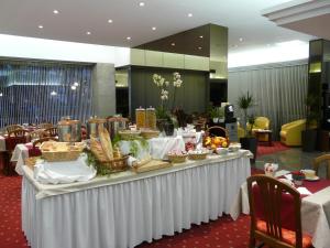 格勒诺布尔安格勒特里格勒诺布尔中心酒店的大堂的自助餐桌,包括食物