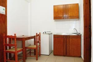 斯塔罗斯卡多斯塔罗斯海滩公寓的厨房配有水槽、桌子和冰箱