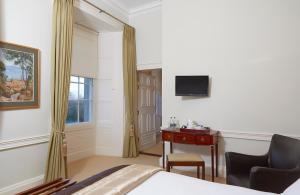 梅努斯梅努斯校园住宿酒店的一间卧室配有一张床、一张书桌和一台电视